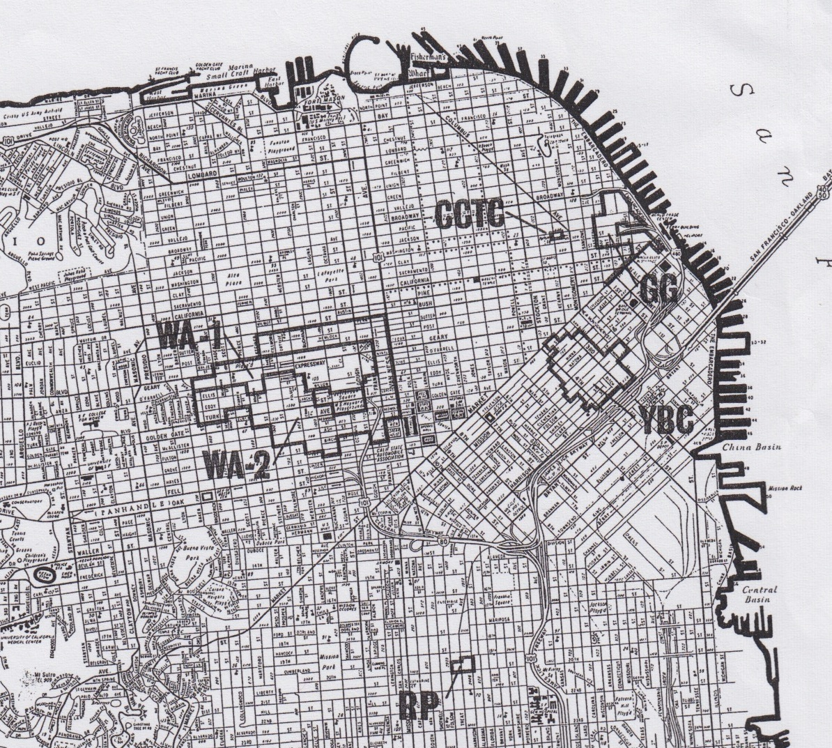 Figure 9: Map showing contemporary renewal projects in San Francisco, including the Western Addition, Golden Gateway and Yerba Buena projects (all used as filming locations in The Conversation).