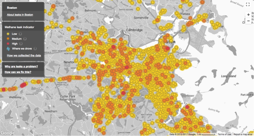 The Environmental Defense Fund's interactive map of gas leaks in Boston visualizes infrastructural decay in a city where the majority of gas pipes are over 50 years old.