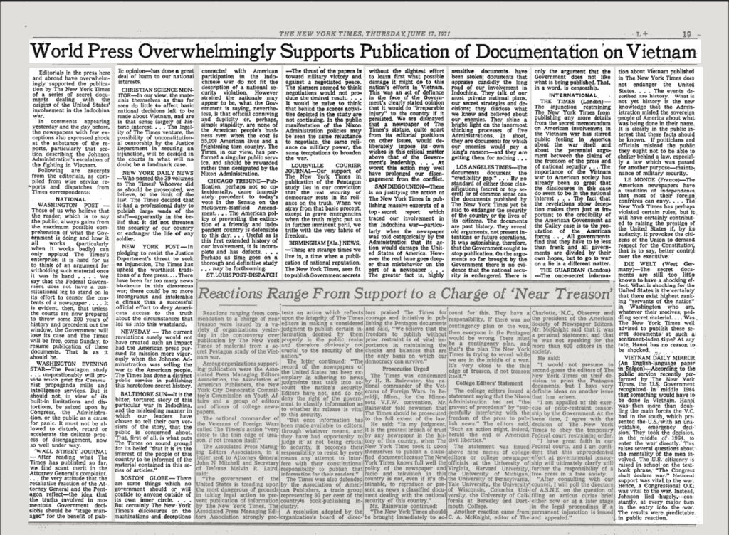 On June 17, 1971, the New York Times published a selection of newspaper editorials that largely supported and even lauded its previous reporting on the Pentagon Papers.