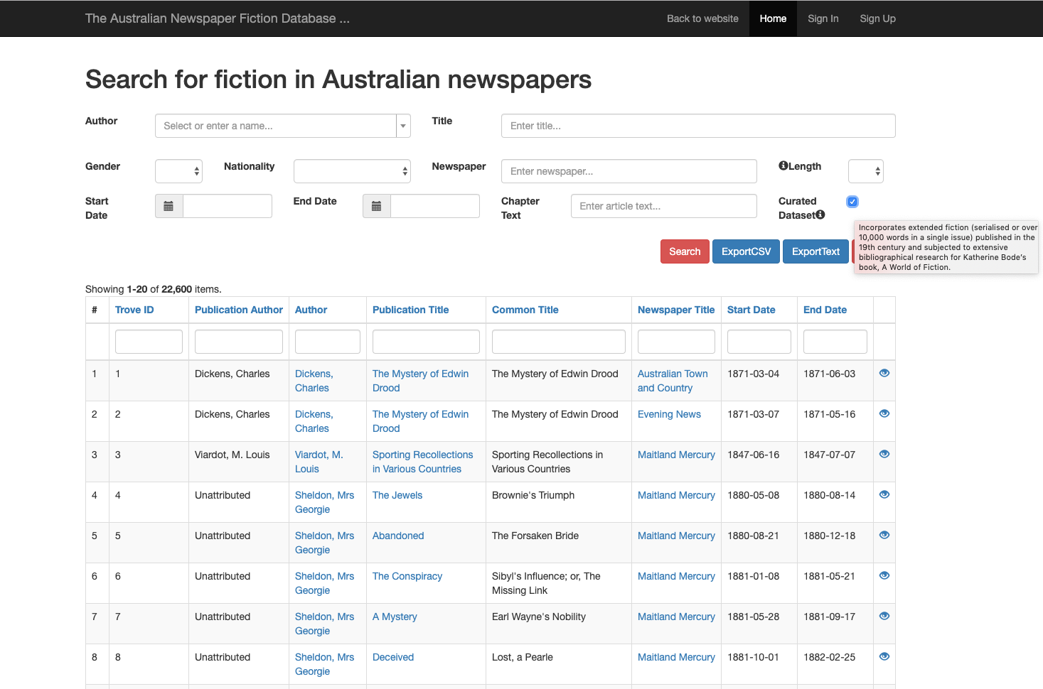Screenshot of a database which users can use to search through an archive of Australian newspapers. The dataset contains 22,600 items. 