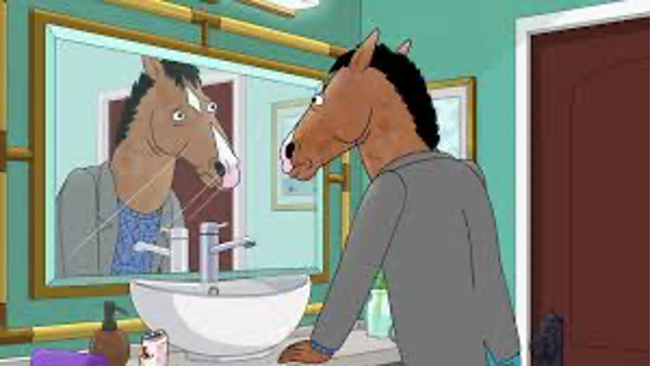 A wide-eyed Bojack grips the edges of the bathroom counter and stares at himself in the mirror.
