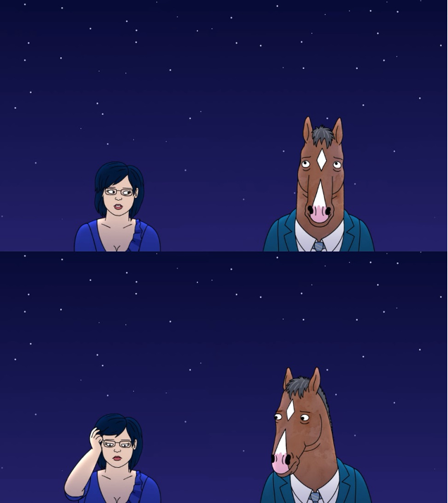 Two images of Bojack and Diane sitting on the roof: the first shows Diana looking at Bojack while he looks up. The second shows Bojack looking at Diana while she adjusts her hair and looks down.