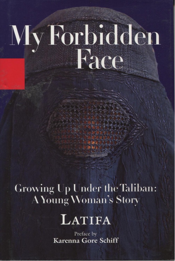 book cover displays images of a woman's face underneath and largely obscured by a blue burqa.