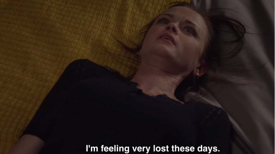 Rory, lying down on a bed, looking panicked and saying "I'm feeling very lost these days."