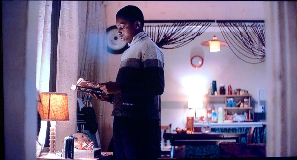 A teenage boy, standing in a domestic setting, holds and reads a book.