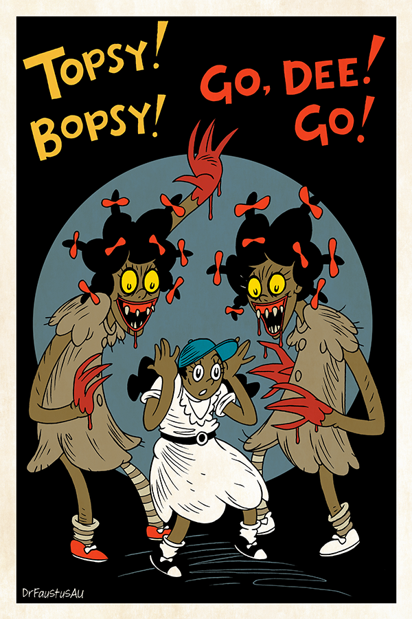 A drawing in a cartoon style depicts Dee under attack from Topsy and Bopsy. A caption above them reads 