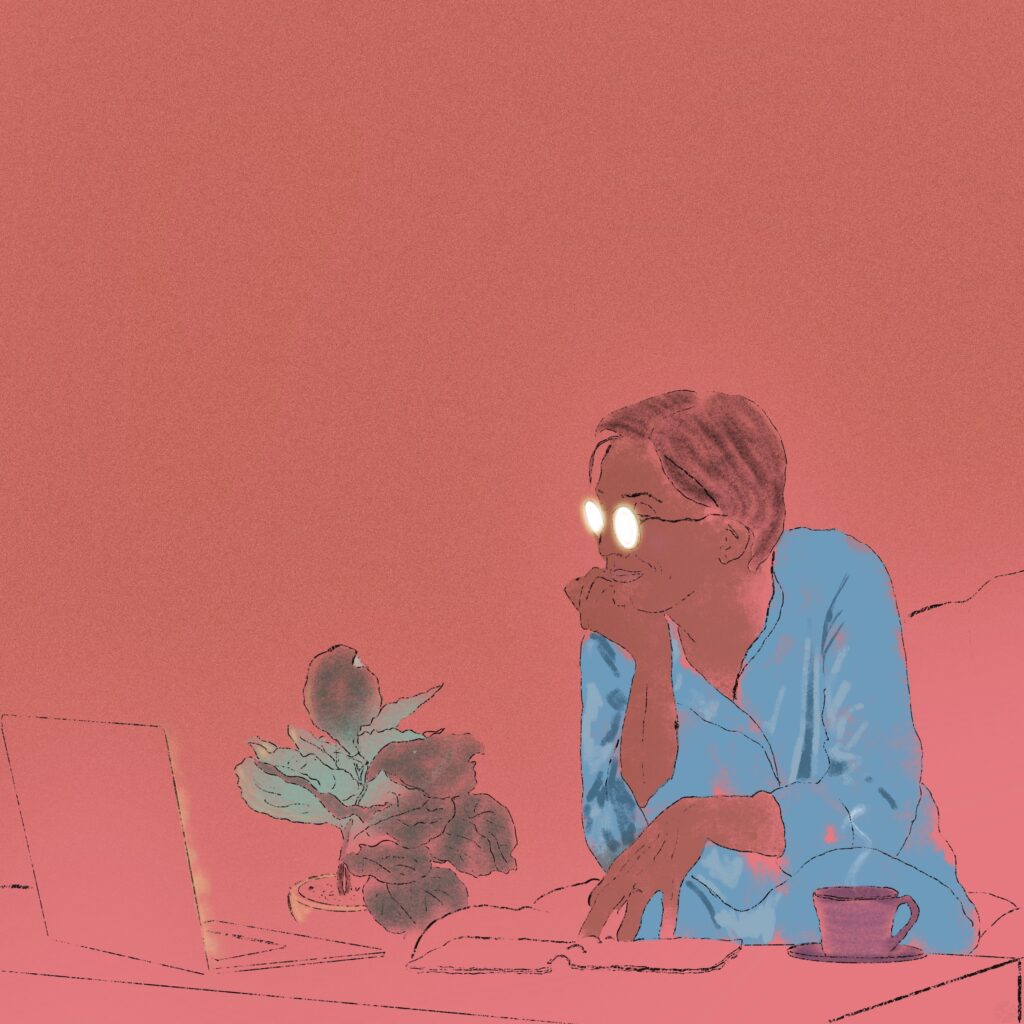 A simple illustration of a person wearing glasses whose lenses are brightly illuminated by the laptop screen in front of them. The person is wearing an all blue outfit that could be pajamas. Their right hand is propping up their chin and their left hand is resting on an open notebook. On the table they have a mug of coffee or tea, and beside them is a a green plant with large leaves. The background and and several of the objects are a pinkish orange. 