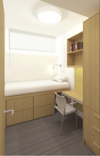 A small, artificially rendered dorm room including a twin size bed, desk, hanging bookshelf, and dresser. The walls and bedding are all perfectly white, bed frame, desk, shelf, and dresser all share a light woodgrain.