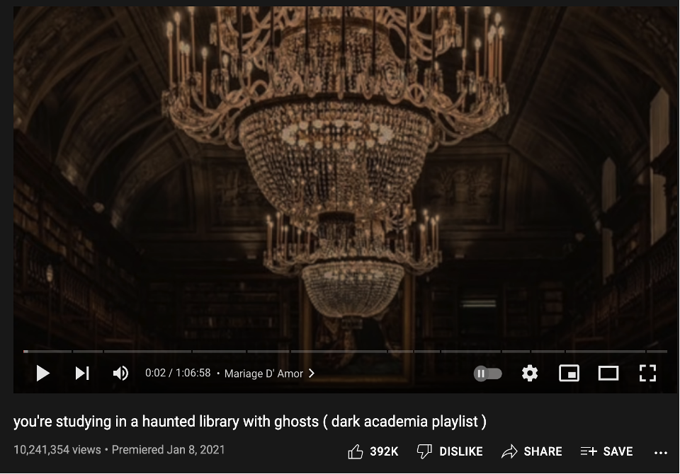 Screenshot of a YouTube video titled "you're studying in a haunted library with ghosts ( dark academia playlist )." An image of a chandelier is set against a dim background.