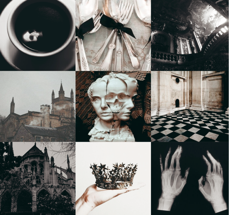 A moodboard, nine images laid out in a symmetrical grid: a view of a mug of coffee from above, with the light catching a ripple on the surface; a bundle of silverware tied loosely together by a black ribbon and placed on a rough wood table; a black-and-white shot of a shadowy balcony viewed from below; a castle seen from the middle distance, set against a uniformly gray sky, with steam rising from a chimney; a plaster bust in imitation ancient-Greek style, but splitting in two along the center with a skull emerging between the two torn halves; an interior, photographed from the corner of the room, with marble walls and black and white tiling; a black-and-white shot of a cathedral seen from street level, too large to fit fully in the frame; a white hand holding a crown with starred points against a white background; an x-ray of two outstretched hands. General color palate is gray, white, black, and brown; though they are clearly discrete, all images nonetheless blend together in an impressionistic wash.