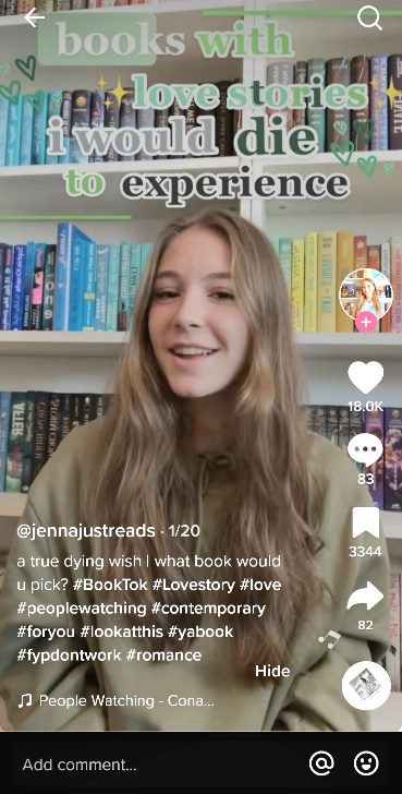 Screenshot from a tiktok video by @jennajustreads on January 20. Image shows a young person. First caption: books with love stories i would die to experience." Main caption reads: "a true dying wish | what book would you pick?" The video has 18,000 likes.
