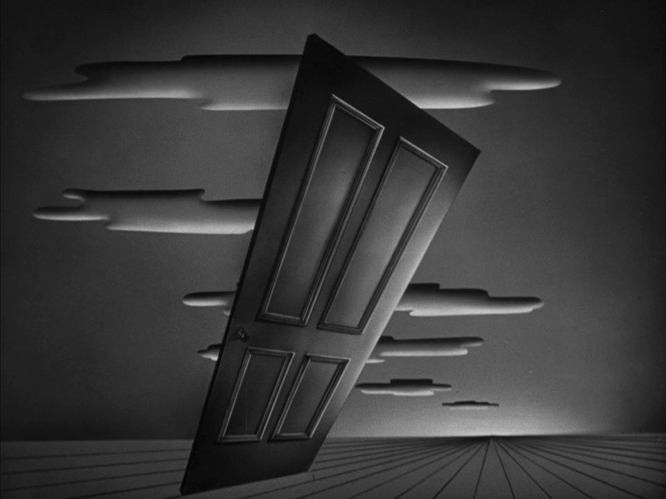 Still from Fritz Lang's "The Secret Beyond the Door" shows a surrealistic image of a leaning door on an infinite plane, in front of some abstract clouds.