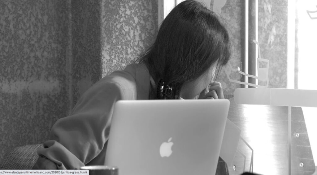 Still from Hong Sang-soo's "Grass" shows a long-haired person looking through a window while using a MacBook