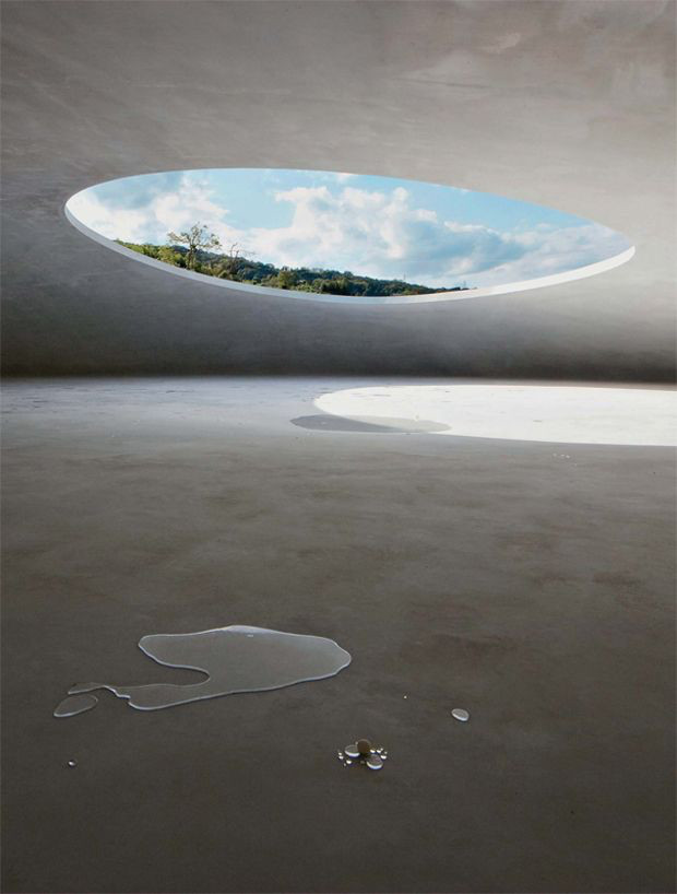 Photograph from the Teshima Art Museum on Seto Sea depicts an oval opening in a concrete ceiling, revealing a cloudy sky and a hint of forest