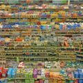 high angle photograph of colorful, well-stocked supermarket shelves