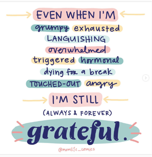 Dark blue text in a variety of fonts that resemble handwriting, with background highlighting in pink, yellow, blue, and green, centered on the page, with arrows for emphasis, reads: 
EVEN WHEN I'M 
grumpy exhausted 
LANGUISHING 
overwhelmed 
triggered hormonal 
dying for a break 
TOUCHED OUT angry 
I'M STILL 
(ALWAYS & FOREVER) 
grateful.