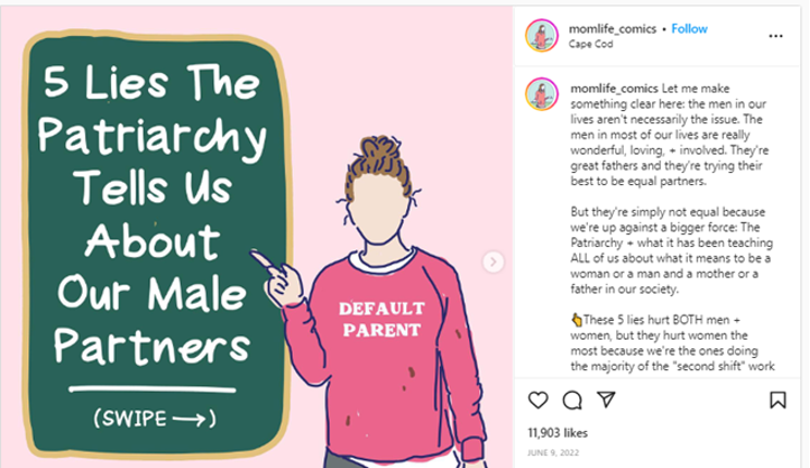A woman with a messy bun, wearing a pink sweatshirt that says "DEFAULT PARENT," points to a chalkboard. The chalkboard reads "5 Lies The Patriarchy Tells Us About Our Male Partners," followed by "SWIPE" with an arrow pointing to the right, indicating that subsequent images follow.