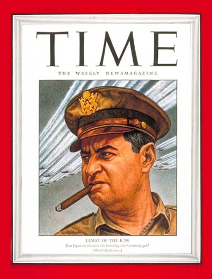 [Alt-Text: Cover of Time Magazine, featuring Curtis LeMay in his Air Force hat and uniform, smoking a cigar, while B29 bombers fly overhead.]