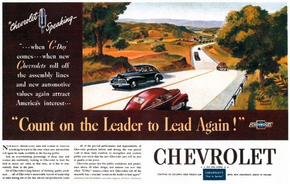 [Alt-Text: 1945 Advertisement shows new cars driving down a country road through a rural landscape.]