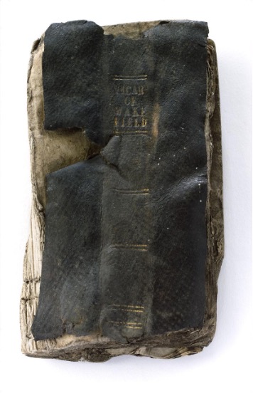 A flattened, spine-up, leatherbound, nineteenth-century edition of Oliver Goldsmith's The Vicar of Wakefield, with visible warping and water damage. The leather is blackened and the spine still shows gold embossing; some of the fascicle stitching of the pages is visible.]