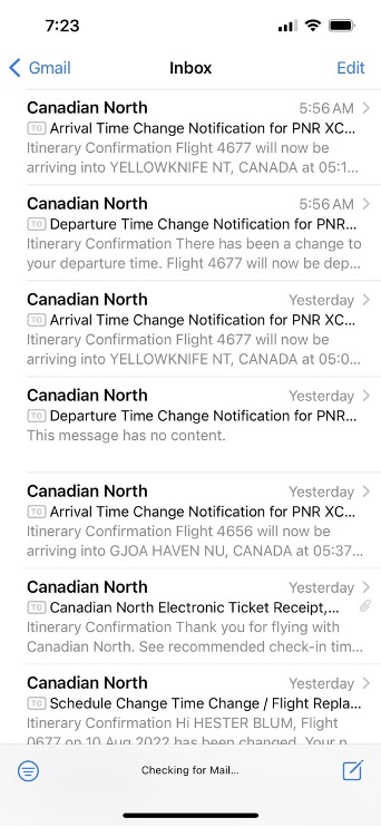 an iPhone screenshot of a gmail inbox showing seven notifications from Canadian North airline, all of which indicate time change notifications or flight cancellations of multiple routes