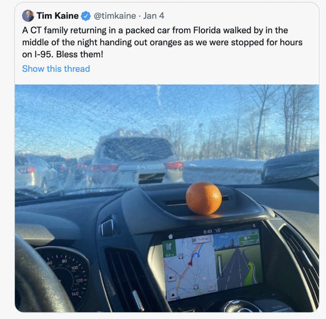 Twitter photo of an orange perched on the dashboard of a car