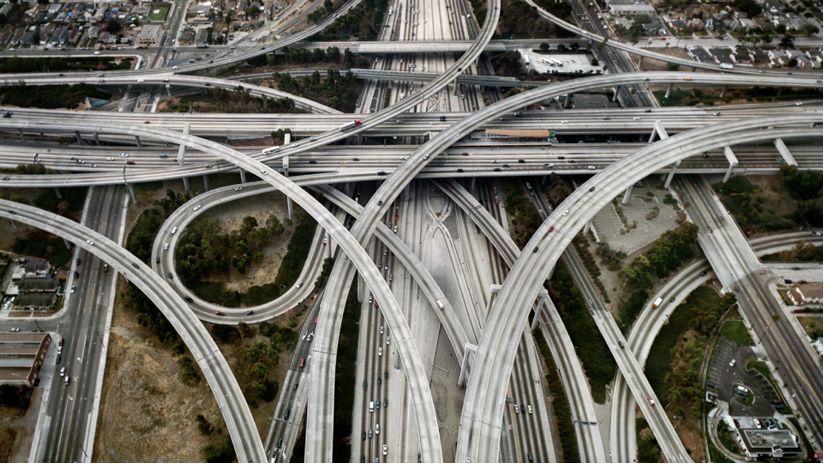 aerial view of a Los Angeles freeway interchange
