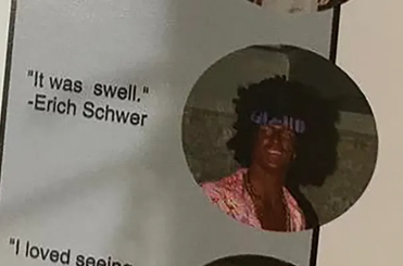 Alt text: Bachelorette star Erich Schwer pictured in blackface and a wig resembling an afro with a direct quote from him, 