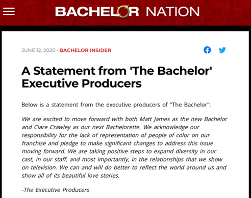 Alt text: Diversity statement from the executive producers of The Bachelor