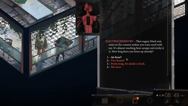 A screenshot from Disco Elysium depicting Harry Du Bois standing in a cafeteria. The text column reads: 