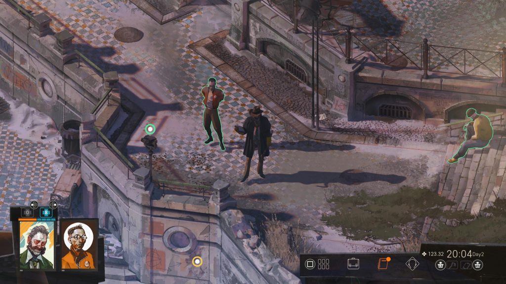 A screen capture from Disco Elysium. Three figures appear against a decaying urban background. Two figures are outlined in green. Green and yellow dots mark objects in the scene.